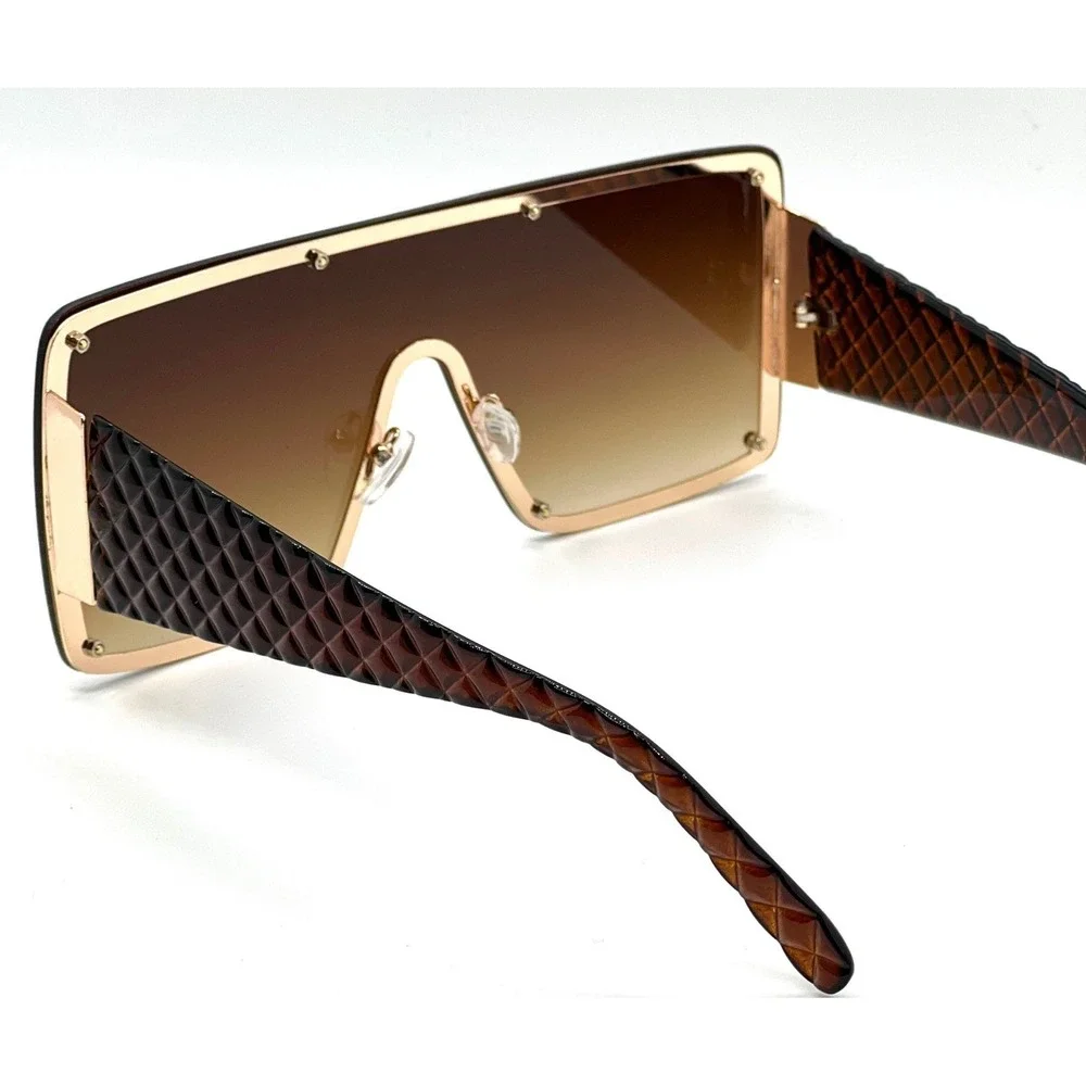 Shield Sunglasses Men Oversized Flat Top Rivet Detail‎ Brown Fashion Luxury